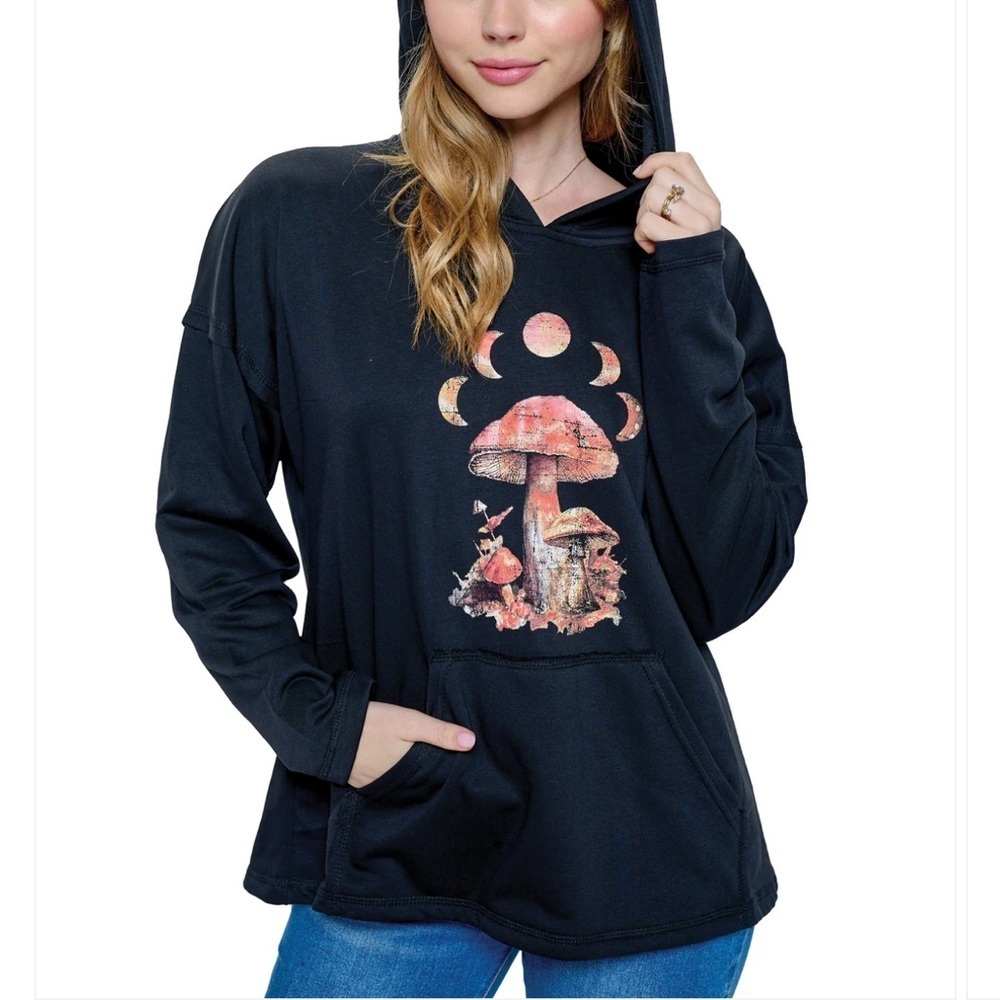New Yak Yeti Black Hoodie with 🍄Mushroom sweatshirt ladies moon S/M L/XL boho